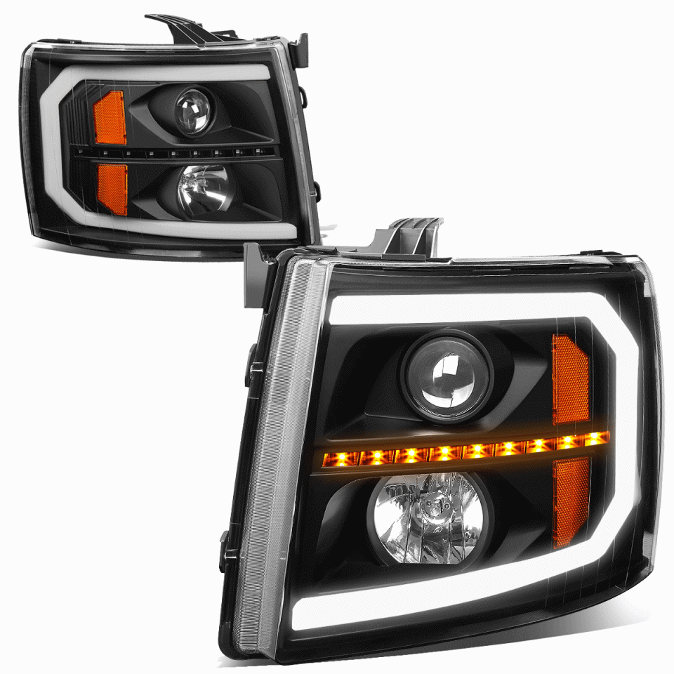 Cast Iron 2007-2014 Silverado 1500 LED DRL Sequential Signal Projector Headlight Lamps