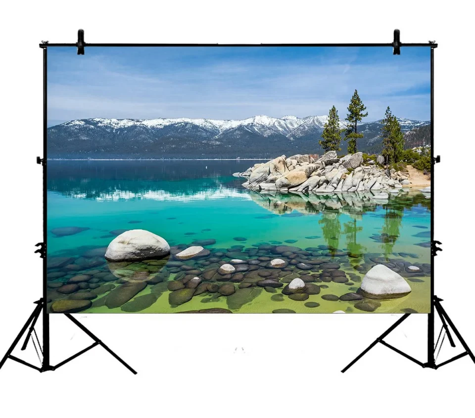 Safe Travel PHFZK 7x5ft Tahoe Beach With Crystal Turquoise Water Backdrops, Sierra Nevada Rocks Mountains Lake Trees California Photography Backdrops Polyester Photo Background Studio Props