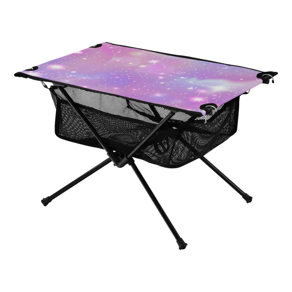 Polished Cleaning Pink Sky with Stars Camping Folding Table Portable Beach Table with Storage Bag Compact Picnic Table for Outdoor Travel Fishing BBQ