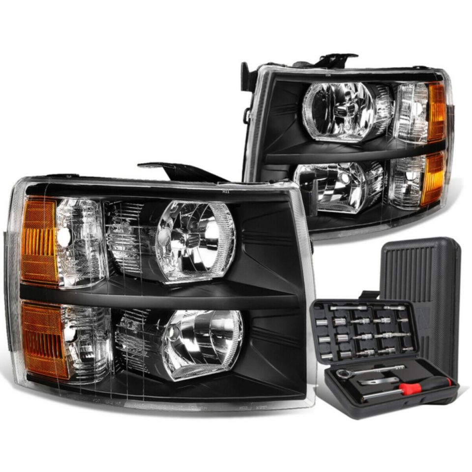 Matte 2007-2014 Chevy Silverado Pair Black/Amber Signal Headlight Lamps+Tool Box