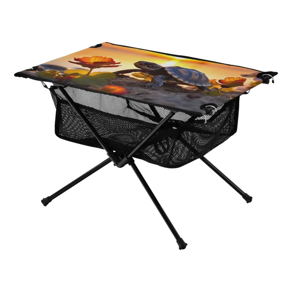 Best-Selling Upgraded Turtle with Sunset Camping Folding Table Portable Beach Table with Storage Bag Compact Picnic Table for Outdoor Travel Fishing BBQ