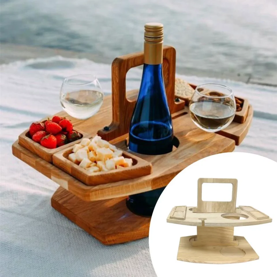 Durable Portable Outdoor Picnic Table, Wooden Glass Holder,