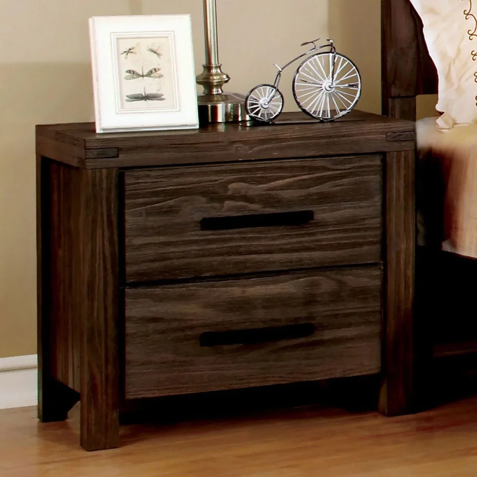 Stainless Steel Bamboo CoSoTower Rustic Style Wire-Brushed Rustic Brown 1Pc Nightstand Bedroom Furniture Solid Wood 2-Drawers Bedside Table Metal Bar Handles