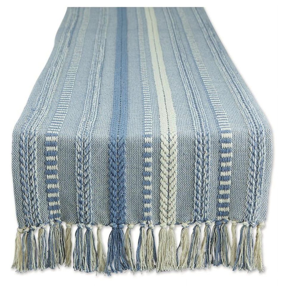 Prime Ultimate DII 15x108 Modern Cotton Braided Stripe Table Runner in Stonewash Blue/White