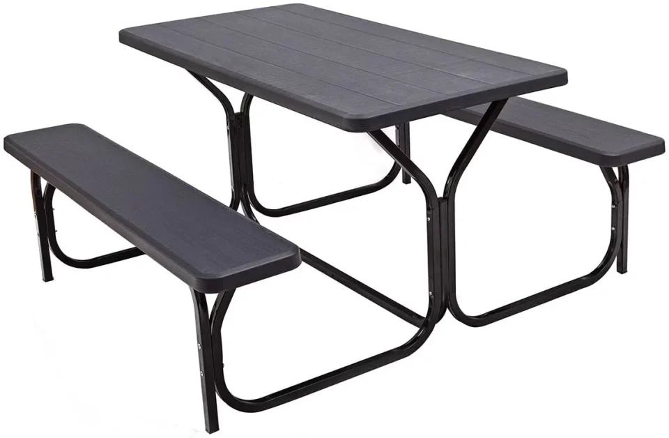 Popular Picnic Table Bench Set Outdoor Camping All Weather Metal Base Wood-Like Texture Backyard Poolside Dining Party Garden Patio Lawn Deck Large Camping Picnic Tables for Adult (Black)