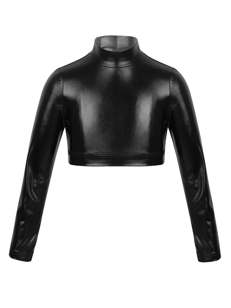 Upgraded Aislor Girls Hip Hop Jazz Dance Shiny Metallic Long Sleeves Mock Neck Crop Top Sports T Shirt