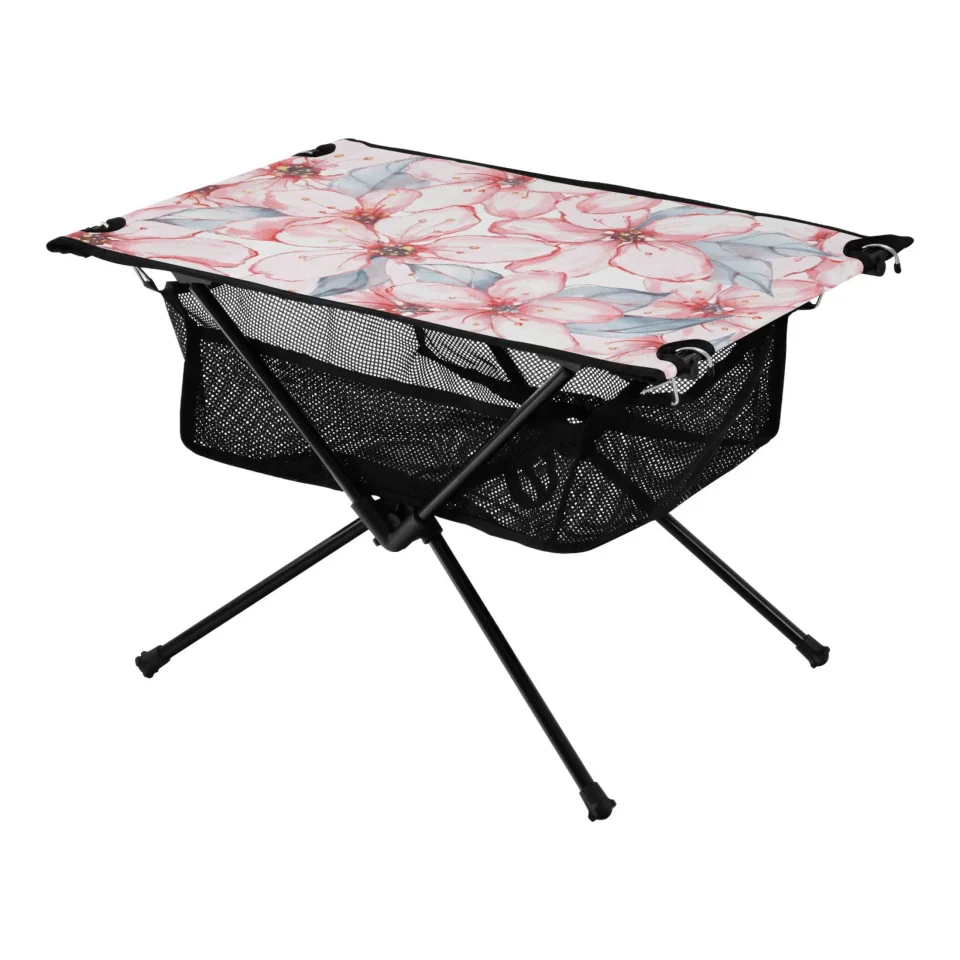 Eco-Friendly Pink Floral Camping Folding Table Portable Beach Table with Storage Bag Compact Picnic Table for Outdoor Travel Fishing BBQ