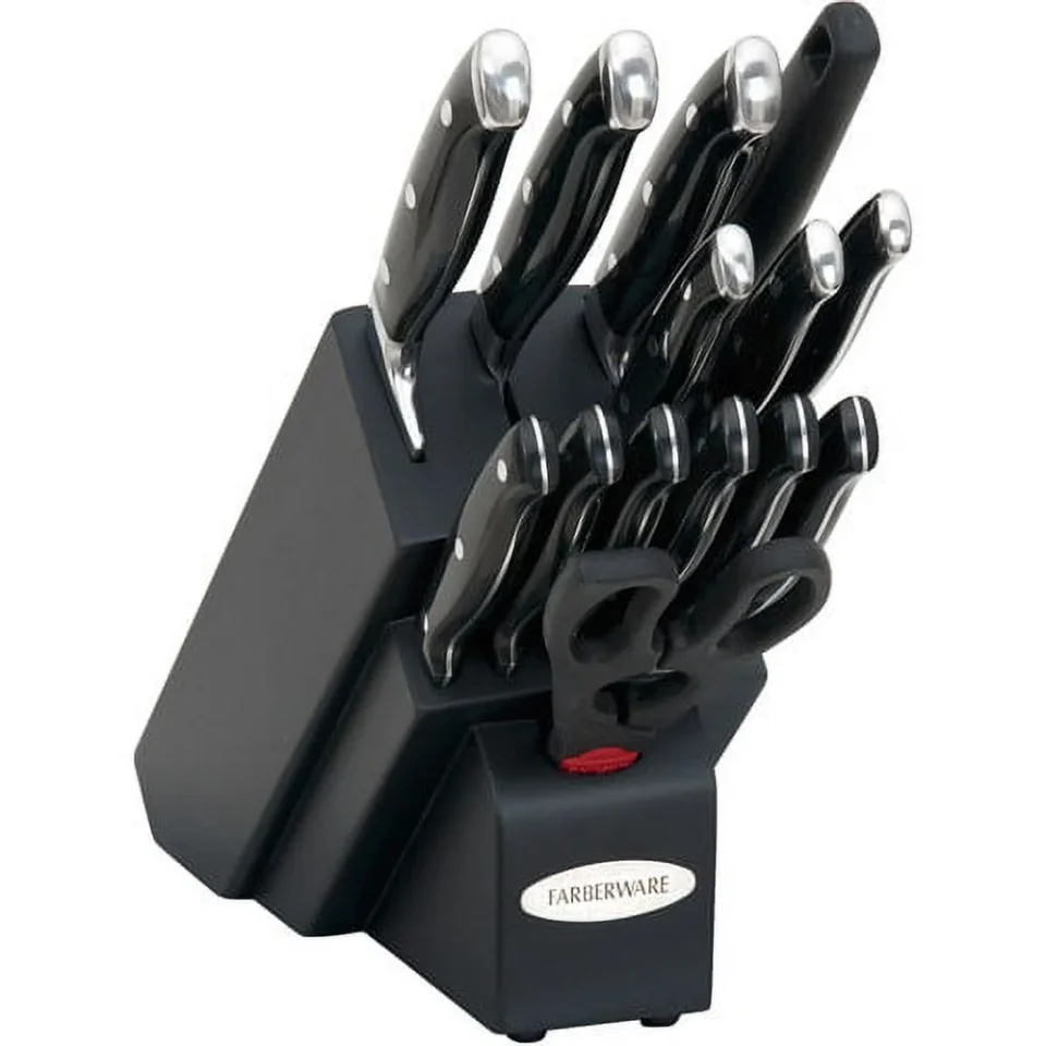 Glossy Best-Selling Farberware Cutlery Forged Knife Set with Black Handles, 15-Piece