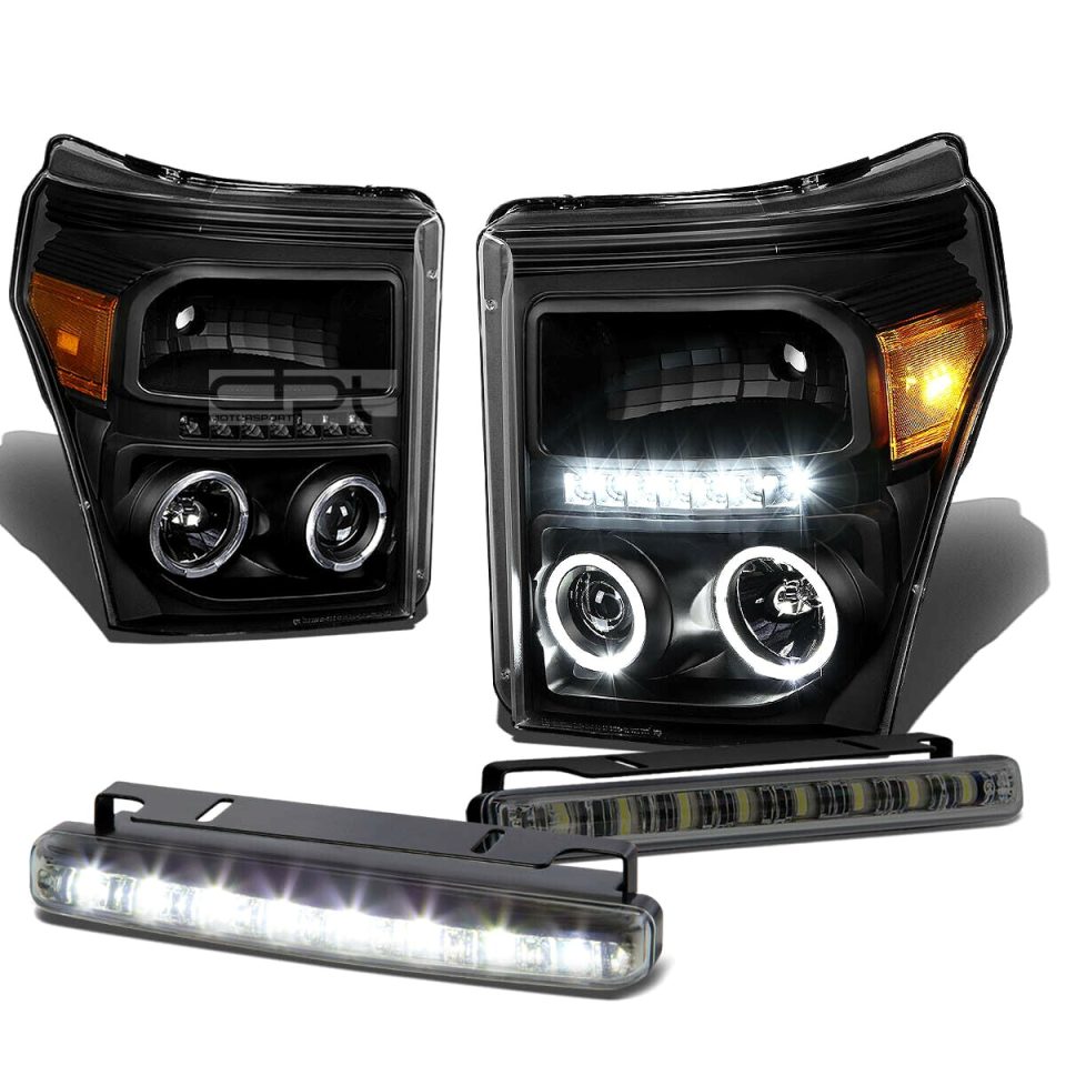 Food-Grade BLACK DUAL HALO PROJECTOR+LED DRL HEADLIGHT+FOG LIGHT SET 11-16 SUPERDUTY