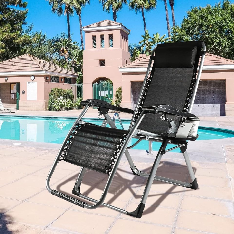 Safe Best-Selling Heavy Duty Chair W/Headrest Pillow Folding Recliners,Portable Adjustable Lawn Patio Lounge Chair With Side Table And Cup Holders For Outdoor Garden Patio Seat
