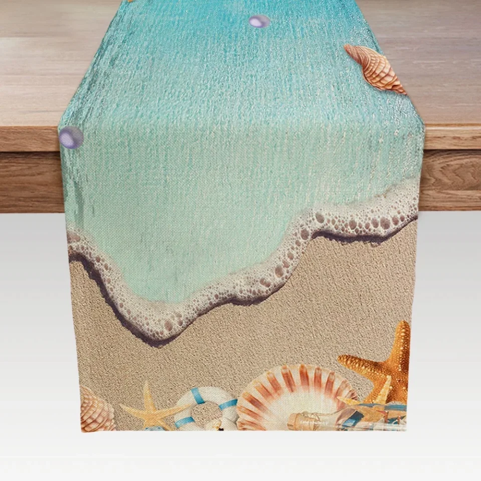 Home Summer Table Runners Tropical Ocean Beach Sea Starfish Shell and Seahorse Linen Table Runner for Family Dinner/Wedding/Outdoor Indoor Party Holiday Kitchen Dining Table Decoration 13 x 72 Inch
