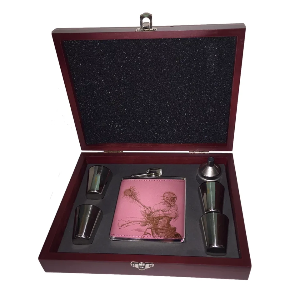 Silicone Best-Selling KuzmarK Pink Leather Flask Set in Rose Wood Gift Box - Lacrosse