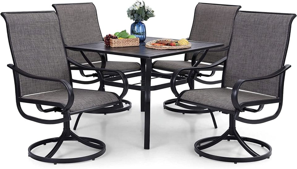 Prime VILLA Outdoor Patio Dining Set for 4 5 Piece Patio Table Chairs Set Clearance with 4 Swivel Dining Chairs & 1 Metal Dining Table All Weather Patio Dining Furniture Set for Deck Lawn