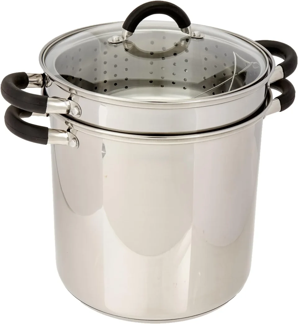 Baking 12 Qt Multifunction Stainless Steel Pasta Cooker With Encapsulated Base, Vented Glass Lid, And Riveted Silicone Covered Handles