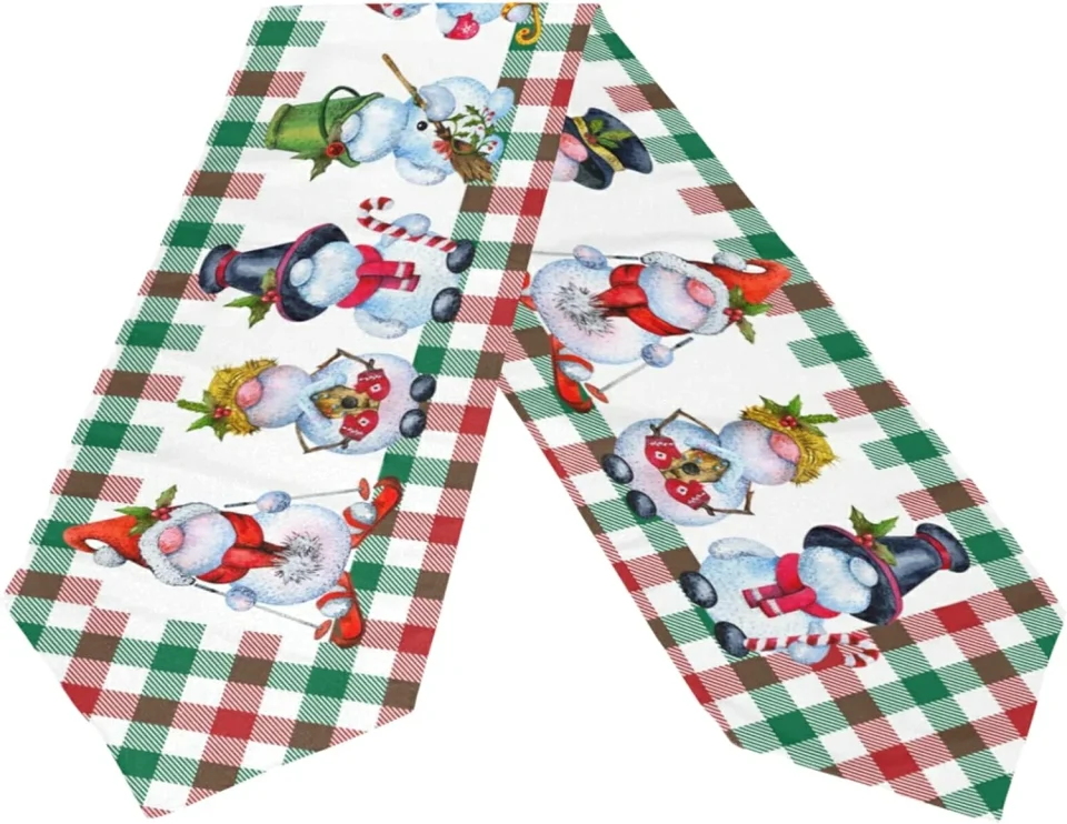 Travel Dreamtimes Double Sided Christmas Snowman Long Polyester Table Runner 13 x 90 Inches Christmas Plaid Table Cloth Cover Placemats for Kitchen Dinning Living Holiday Wedding Party Decor
