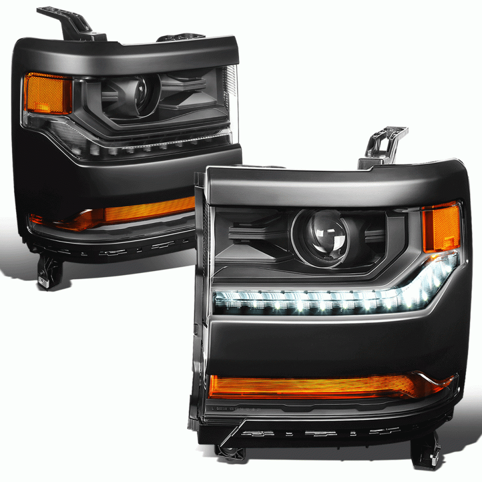 Office Travel 16-19 Chevy Silverado 1500 Black Amber Side LED Projector Headlights Lamps