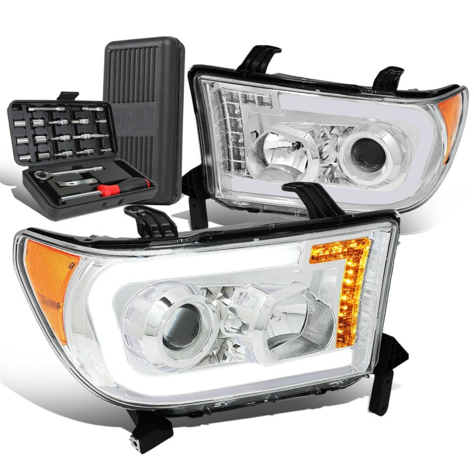 Select Baking 2007-2017 Tundra LED Turn Signal Chrome/Amber Projector Headlights+Too