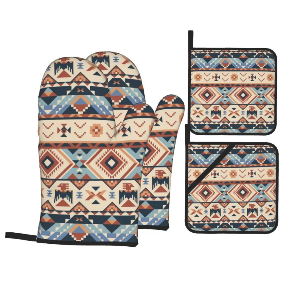 Home ZNDUO Oven Mitts and Pot Holders Sets, Vintage Aztec Boho Tribe Pattern Non-Slip Cooking Oven Mitt
