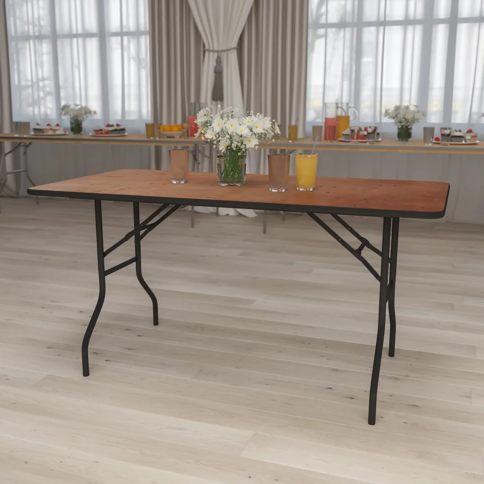 Versatile BizChair 5-Foot Rectangular Wood Folding Banquet Table with Clear Coated Finished Top