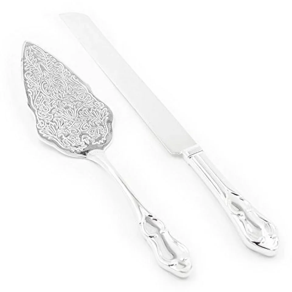 Thickened Popular Ella Celebration Silver Wedding Cake Knife & Server Set, Vintage Cake Cutting Utensils, Party Supplies Golden Anniversary Decorations (Elegant Silver)