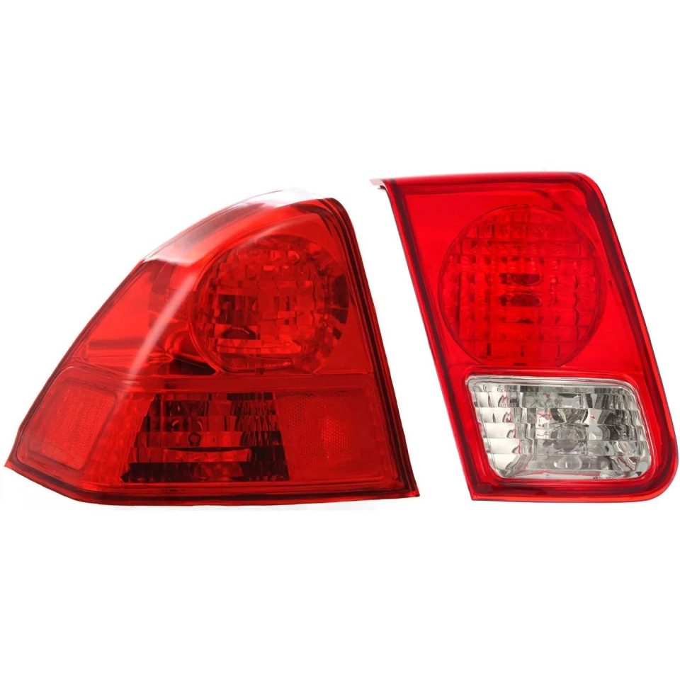 Easy-Clean Tail Light Set For 2003-2005 Honda Civic Left Inner and Outer Clear/Red Halogen