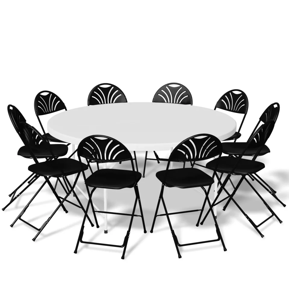 Food-Grade MoNiBloom 11 Pieces White 5 Ft Outdoor Plastic Dining Table w/Handle and with 10 Black Chair Set, Fold-in-Half Picnic Desk