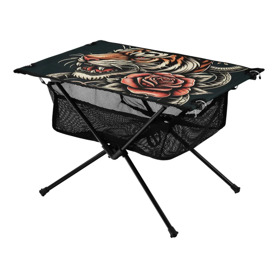 Non-Toxic Tiger with Snake and Rose Camping Folding Table Portable Beach Table with Storage Bag Compact Picnic Table for Outdoor Travel Fishing BBQ
