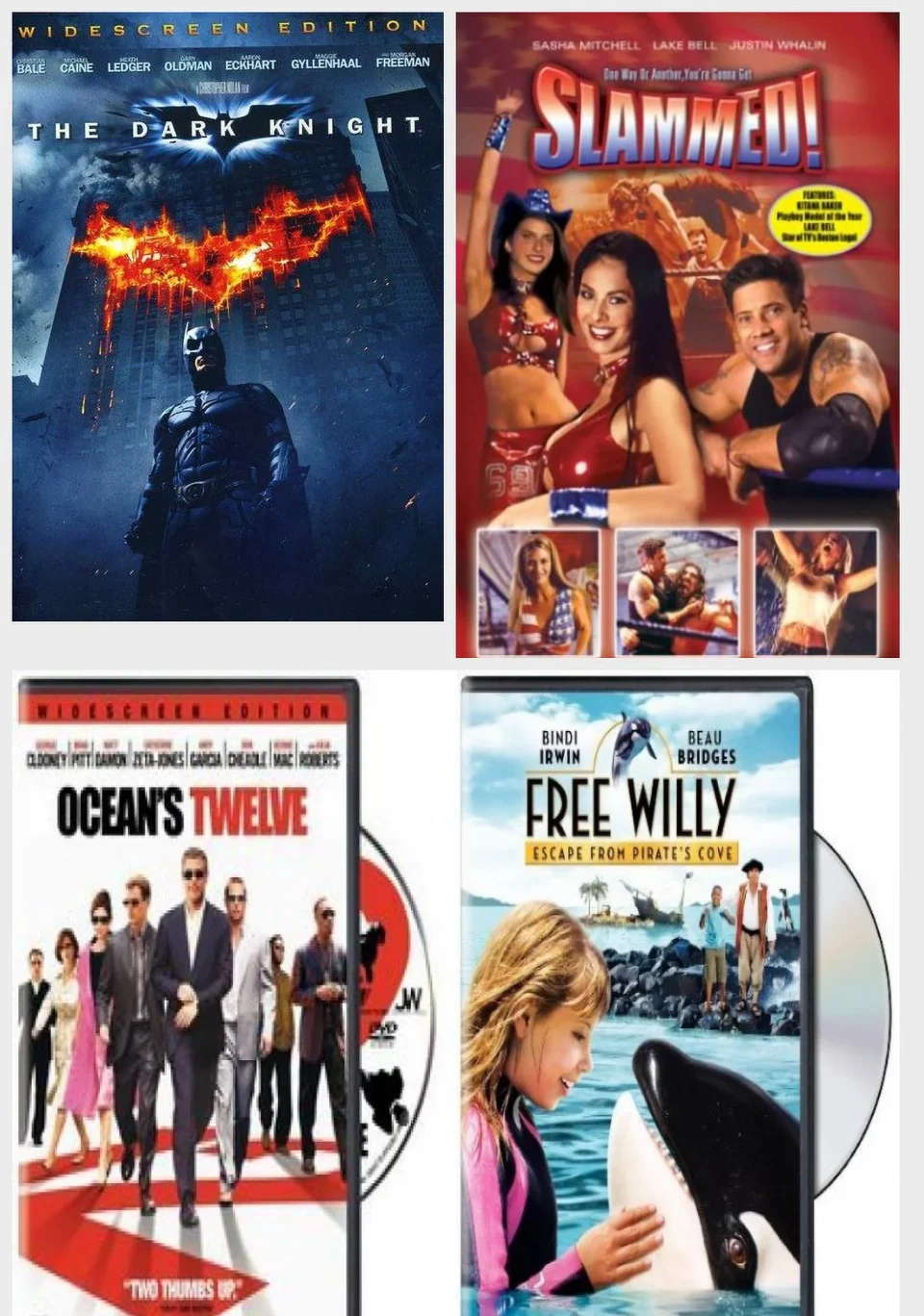 Kitchen Assorted 4 Pack DVD Bundle: The Dark Knight, Slammed!, OCEANS TWELVE MOVIE, Free Willy: Escape from Pirate's Cove