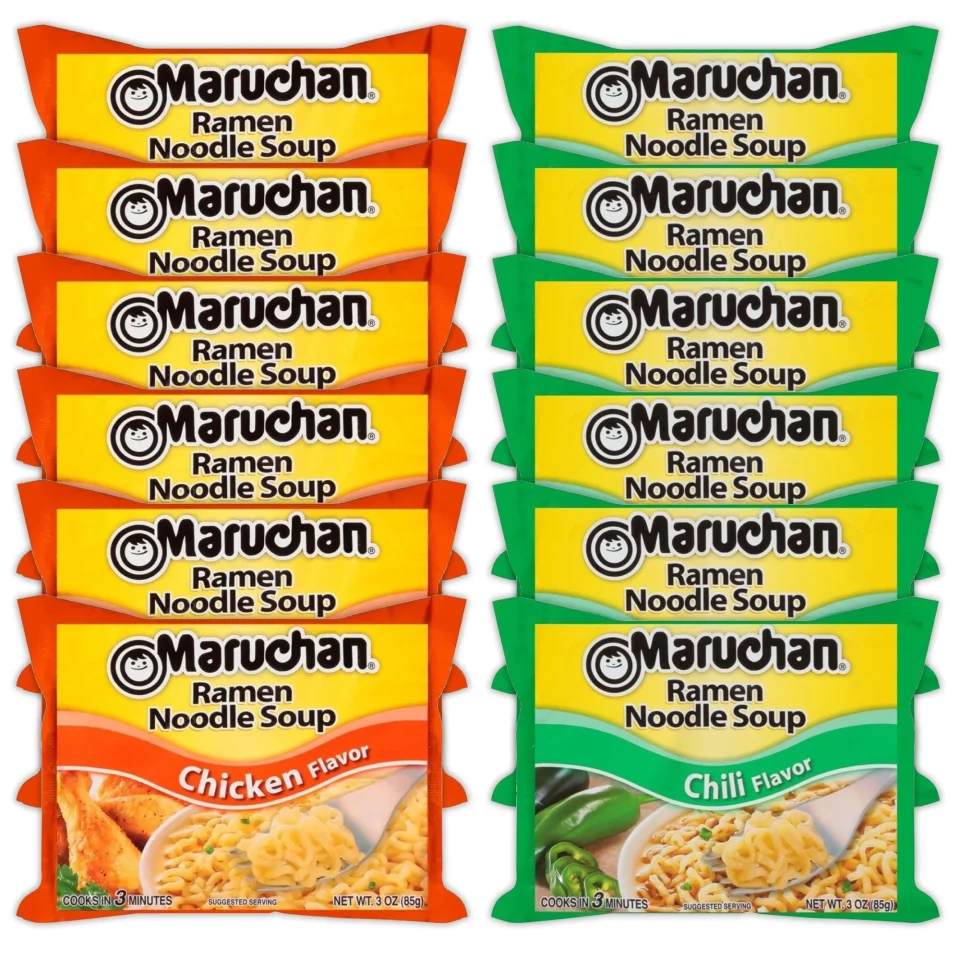Select Ceramic Maruchan Ramen Instant Noodle Soup Variety, 2 Flavors - 6 Packs Chicken & 6 Packs Chili , 3 Ounce Single Servings Lunch / Dinner Variety
