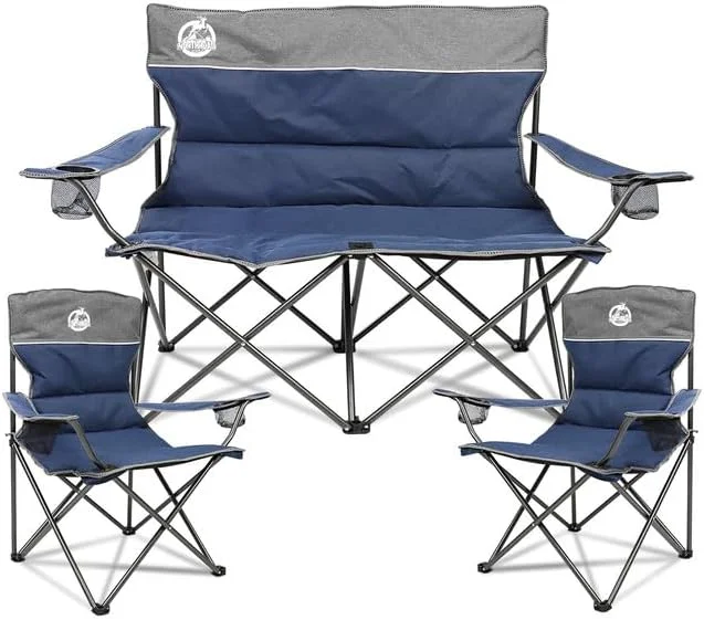 Glass Outdoor Camping Chair Set of 3,Folding Padded Camp Chair,Collapsible Conversation Set w/One Sofa,Two Single Chairs for Family Patio,Beach (No Table, Blue)